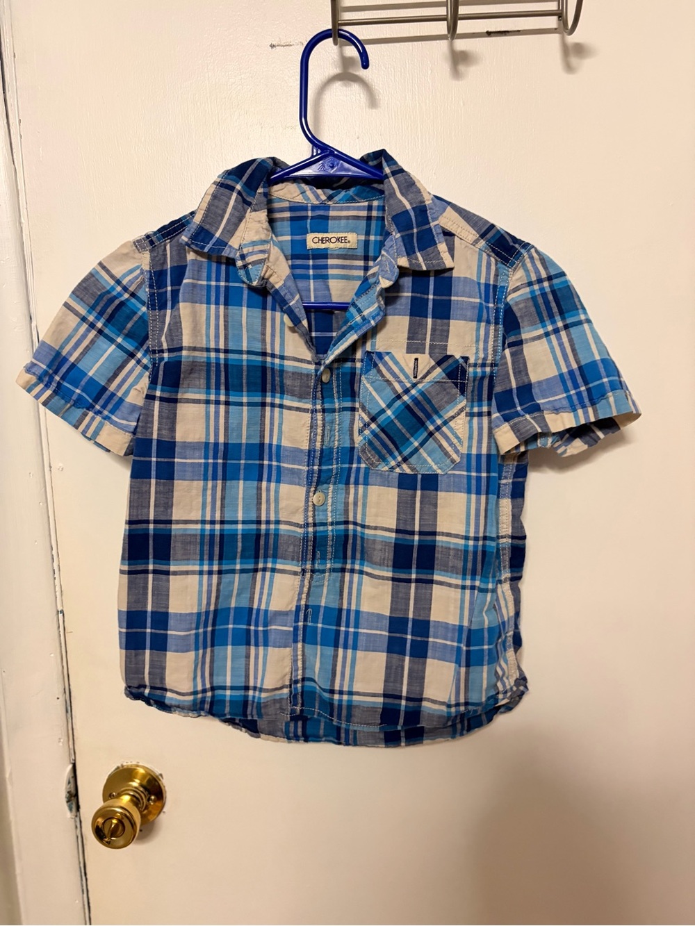 Cherokee Blue and White Plaid Short Sleeve Button-Down Shirt